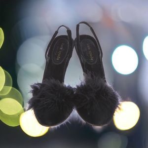 Kate Spade Slingback Black Velvet Pumps with Feather Trim Embellishment Size-6.5
